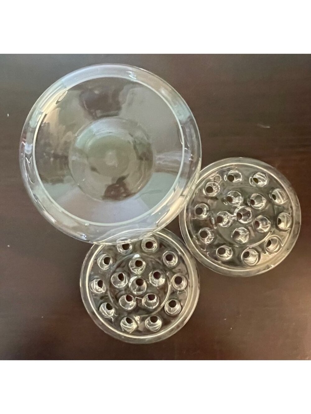 Vintage 2 Glass Flower Frogs and One Bowl Clear 16 - Hole 5" Diameter